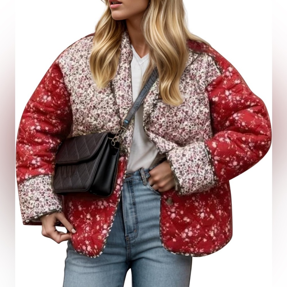 Cropped Puffer Jacket Floral Lightweight Short Padded Quilted Coat Open Front
